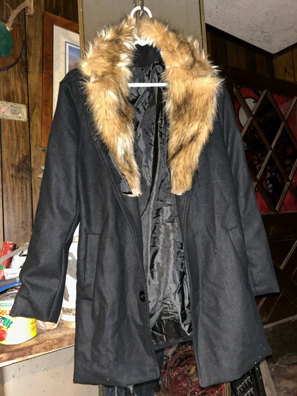 Black Women's Wool-Blend Coat with Faux Fur Collar